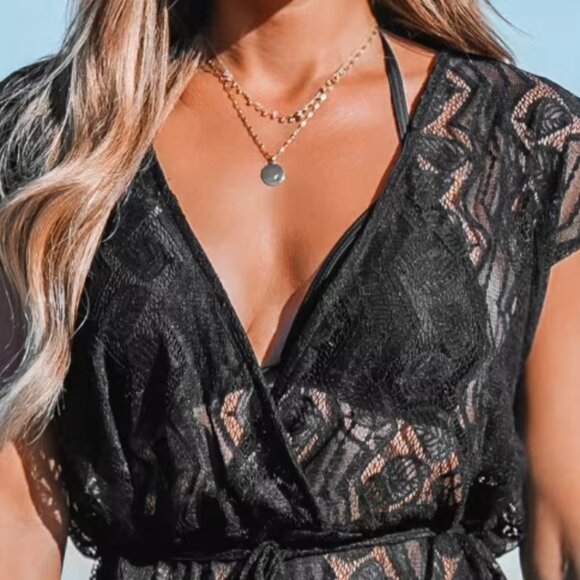 Cupshe Crochet Drawstring Cover-Up Dress~Black Medium - Picture 4 of 9